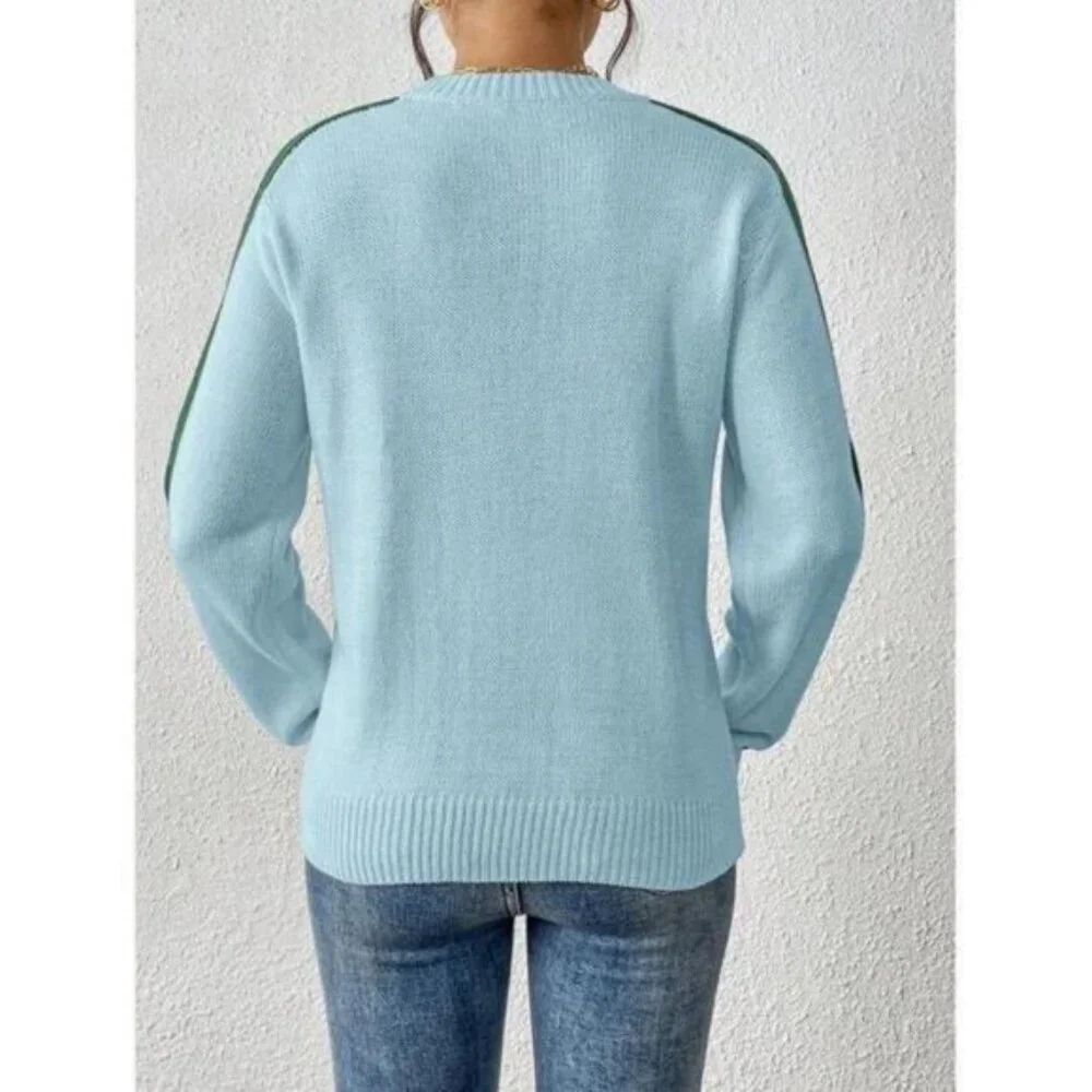 Women's Colorful Rainbow Striped Casual Crewneck Sweater Long-SleeveTops - Picture 2 of 6